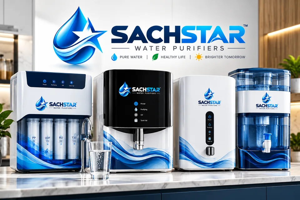 Illustrative SACHSTAR-branded water purifier concepts displayed in a kitchen